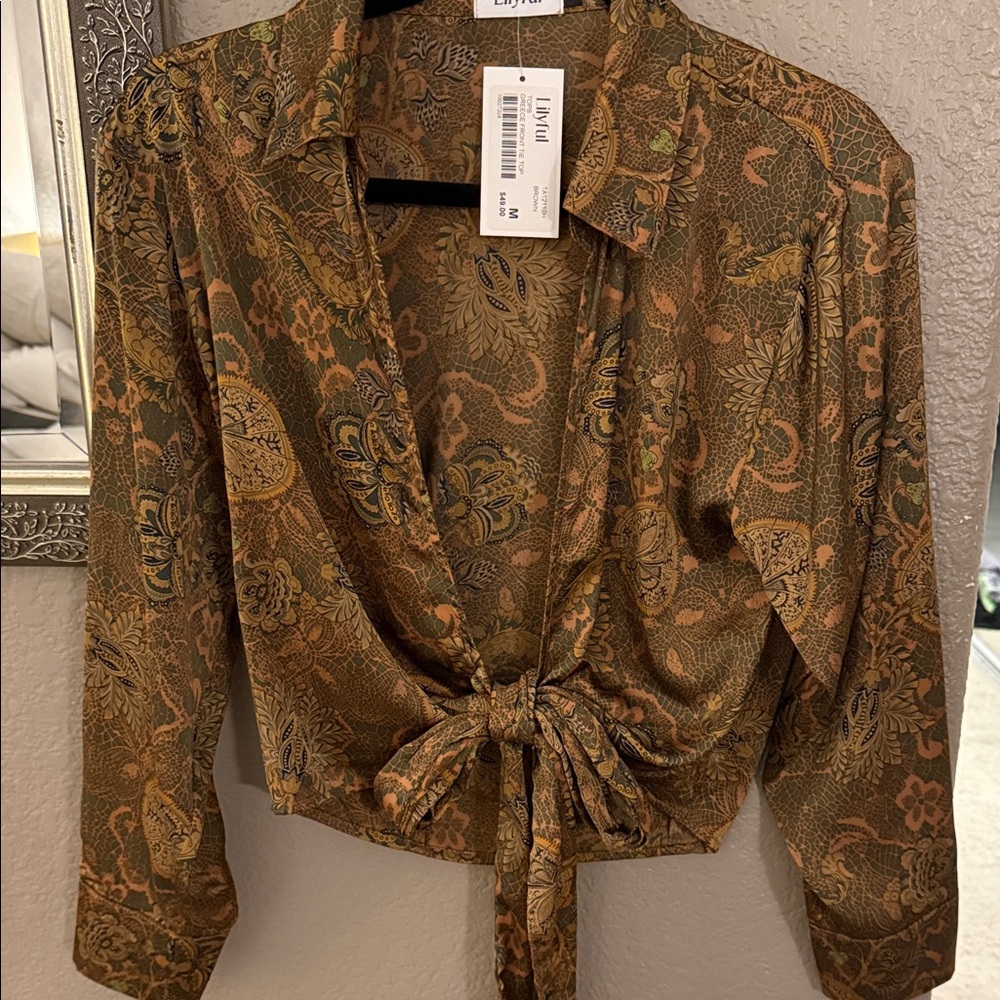 Lilyful Brown Floral Tie-Front Blouse